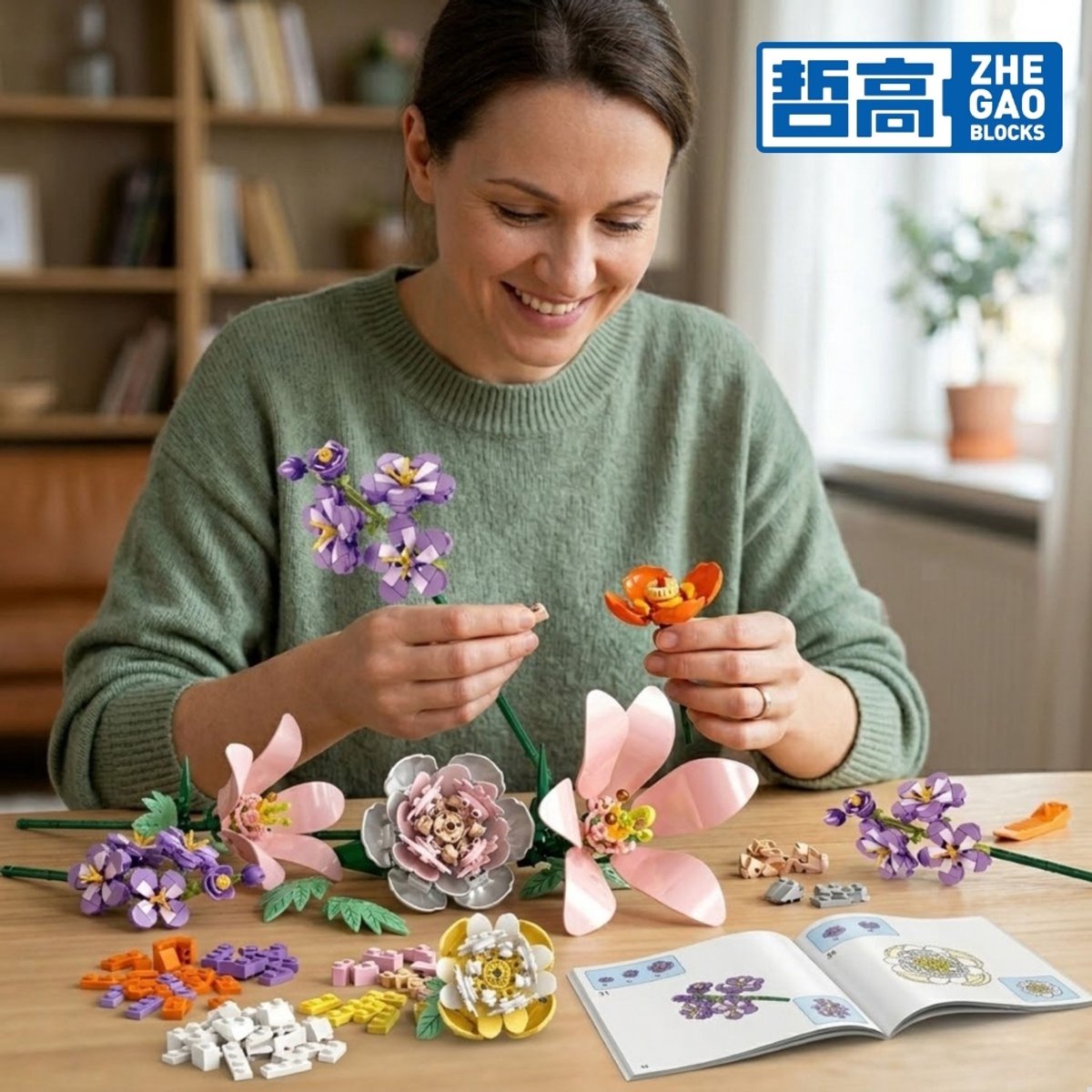 Zhe Gao 11120 Zomer bloemen boeket bouwset | Botanical Flowers Collection modelbouw | Classic Creator STEM speelgoed bouwpakket voor volwassenen en kinderen | Educatief decoratie Kunstbloemen niet geschikt voor Lego | bouwdoos met 563 bouwstenen — afbeelding 5