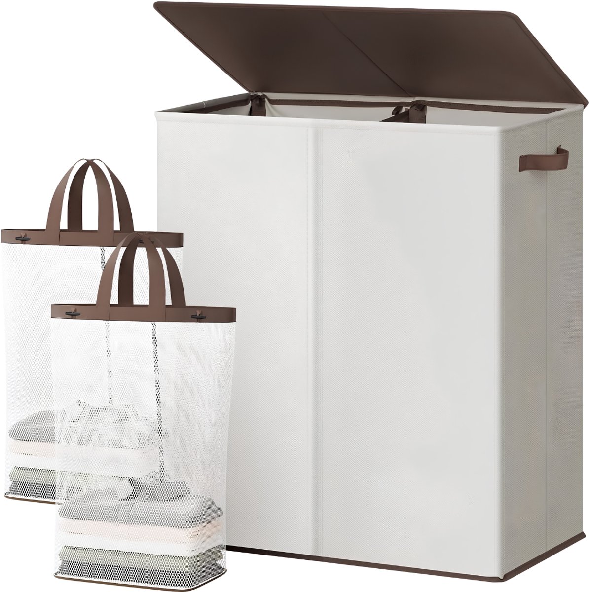 Lìon® Wasmand - 145L - Wasmand met Deksel - Wasmand 2 Vakken - Gebroken Wit - 58cm x 38cm x 67cm