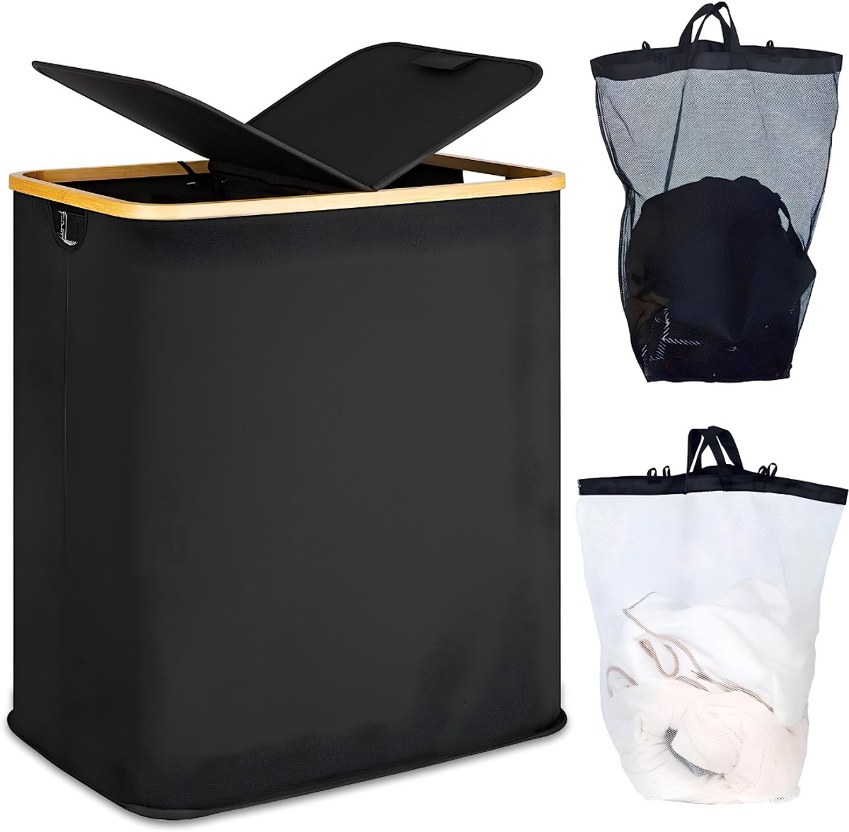 Lìon® Wasmand - 140L - Wasmanden - Wasmand 2 Vakken - Zwart - 57cm x 37cm x 66cm