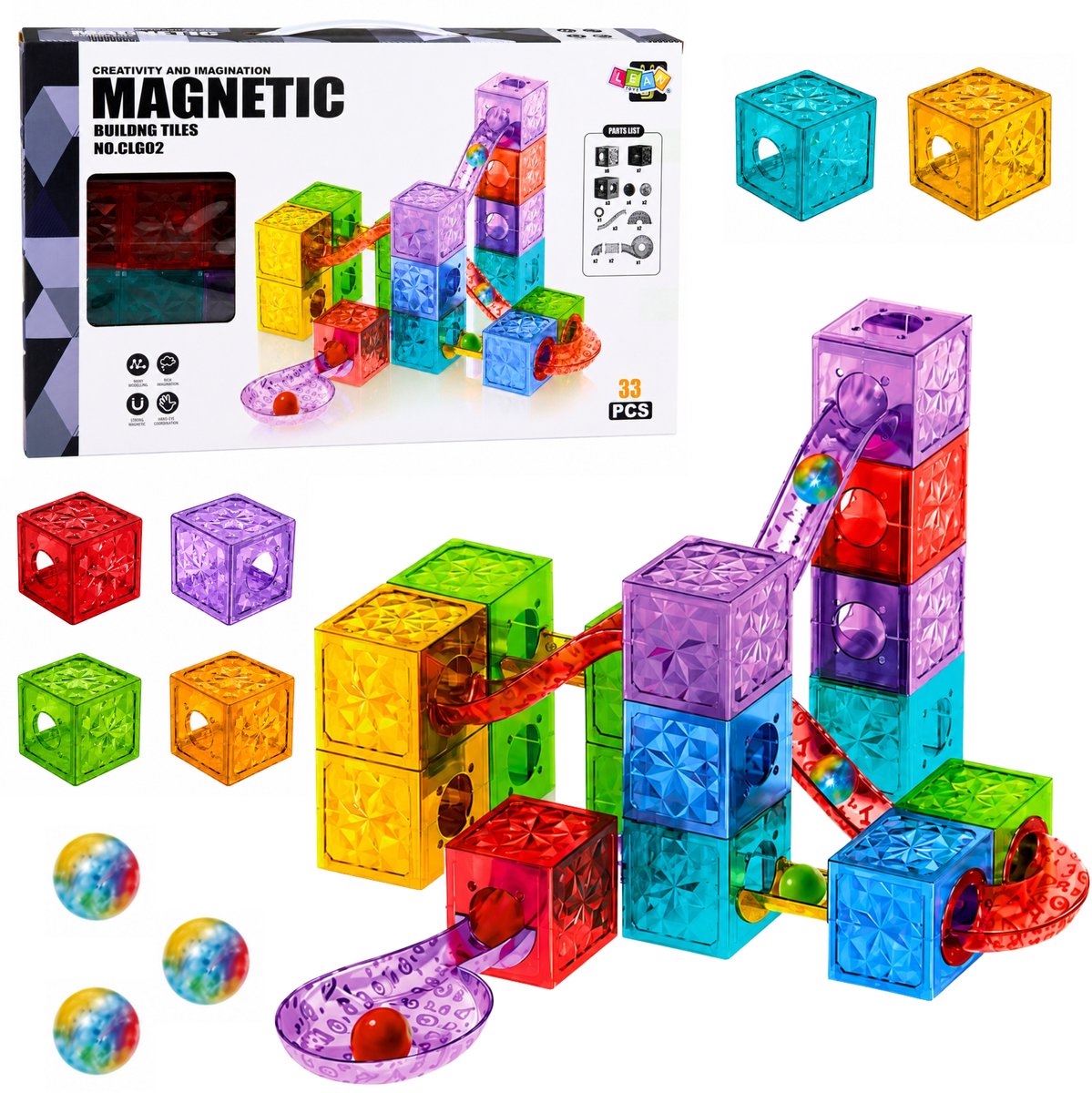 Magnetische constructieblokken kubussen ballenbaan kleurrijk 33 st.