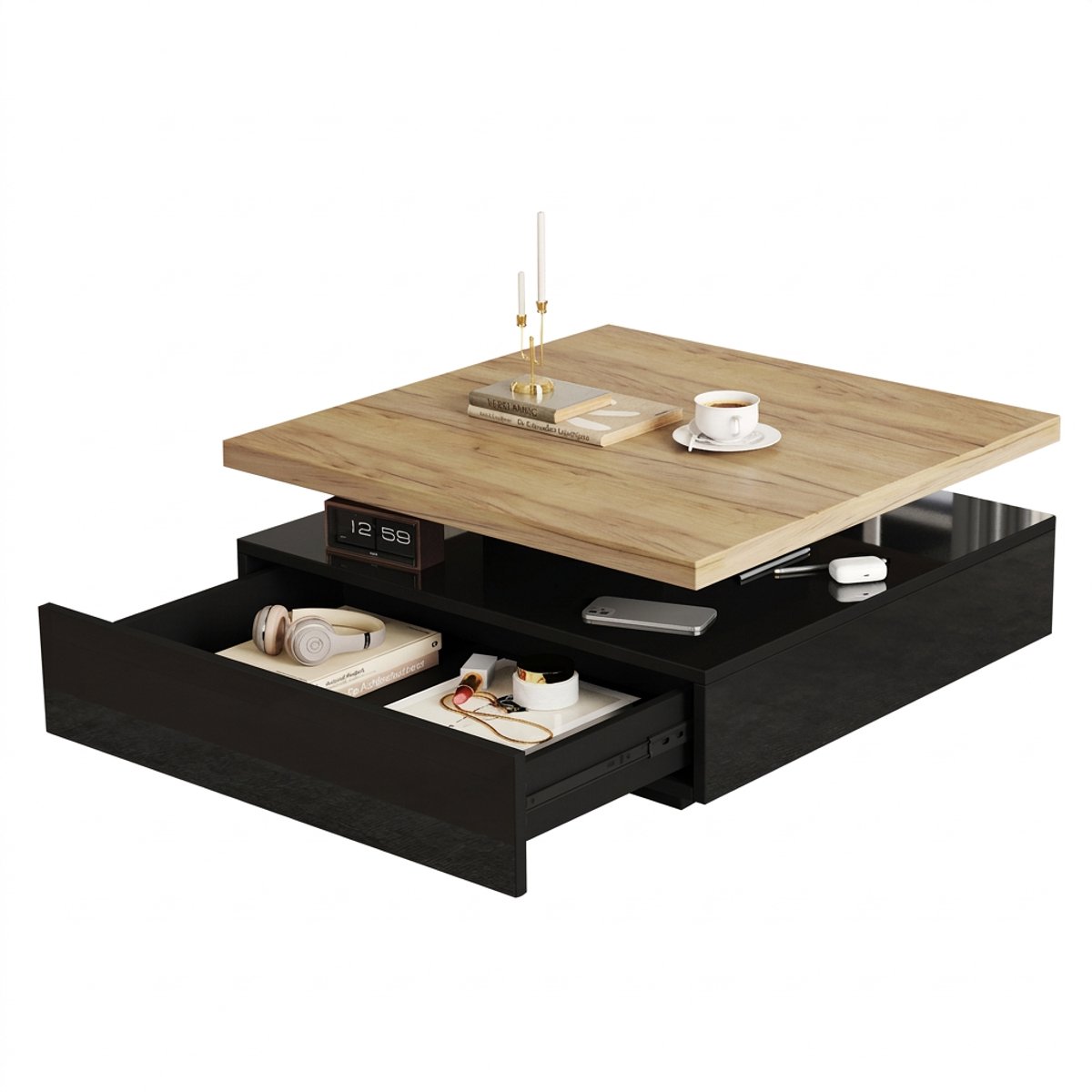 Draaibare salontafel-Vierkante salontafel-Walnoot en hoogglans zwart-Met verborgen lade-Moderne salontafel voor woonkamer