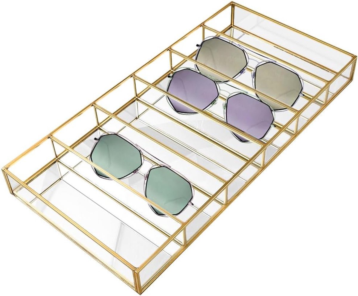 Solidchoice - Glazen Opbergvitrine met 6 Roosters - Gouden Brillen en Sieraden Organizer