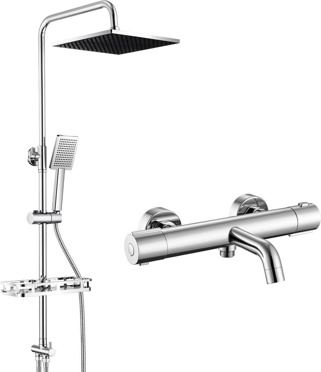 Auralum Max Regendouche Met Thermostaatkraan - Douche Set - met Badkraan Thermostatische en Planchet - 10 inch Douchekop - Verstelbare Hoogte 72-110 cm - 15 cm hartafstand - Waterbesparend - Met CoolTouch technologie - Chroom