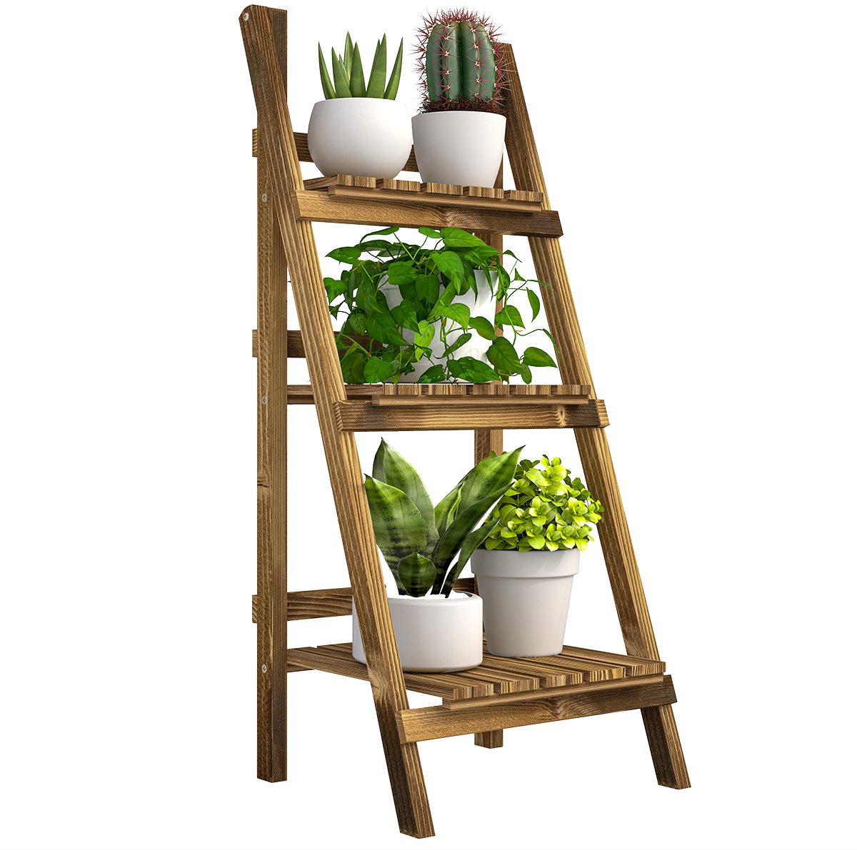 Ladderrek voor bloempotten - plantenstandaard voor het balkon - bloementrap - 3 niveaus - houten plantenrek - opvouwbaar