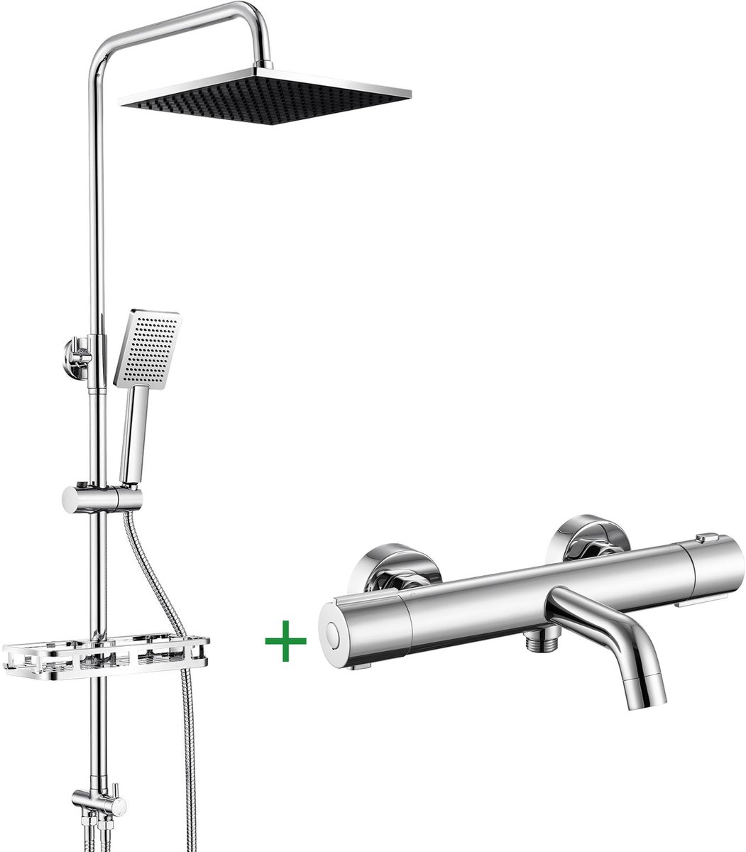 Auralum Max Douchesysteem Regendouche met Thermostaatkraan - RVS Doucheset - Inclusief Thermostatische Badkraan - Vierkante douchekop - Met handdouche en plankje - Hoogte Verstelbare 72-110 cm - Chroom