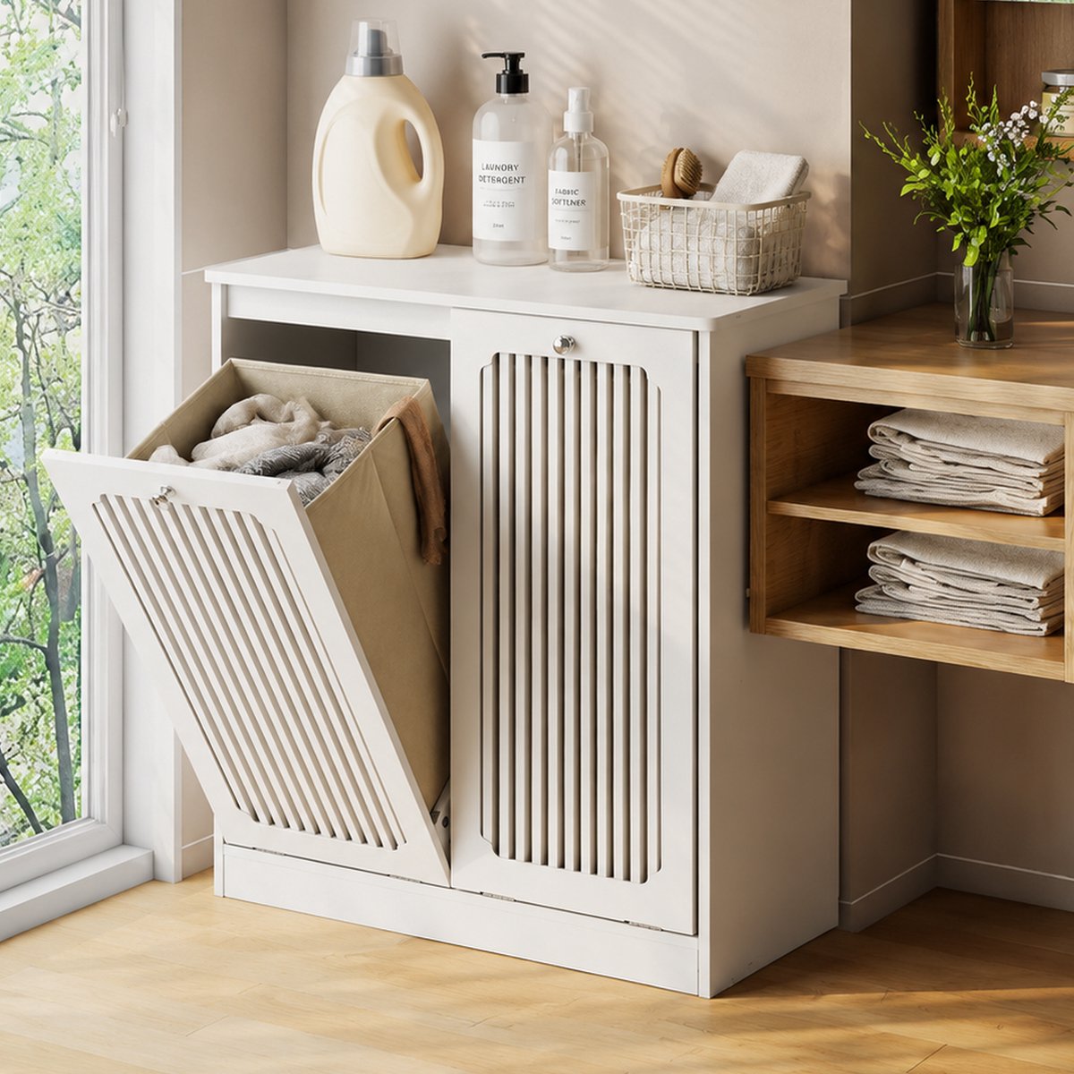 MIVRAY Waskast - Lamellenfront En Klapdeksel Met 2 Vakken - Voor Wasruimte Badkamer En Balkon - MDF Spaanplaat - Wit - 66x35x76 Cm