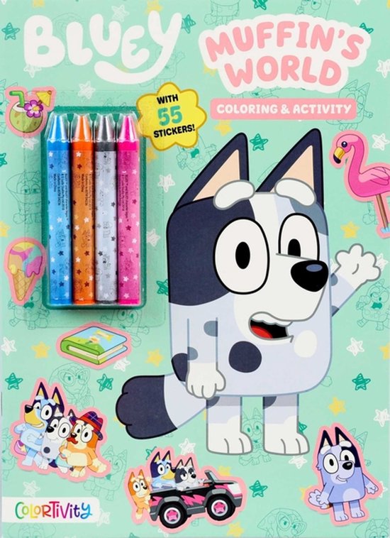 Bluey kleur- en activiteitendoos met muffins wereld met 55 stickers en 4 kleurpotloden.