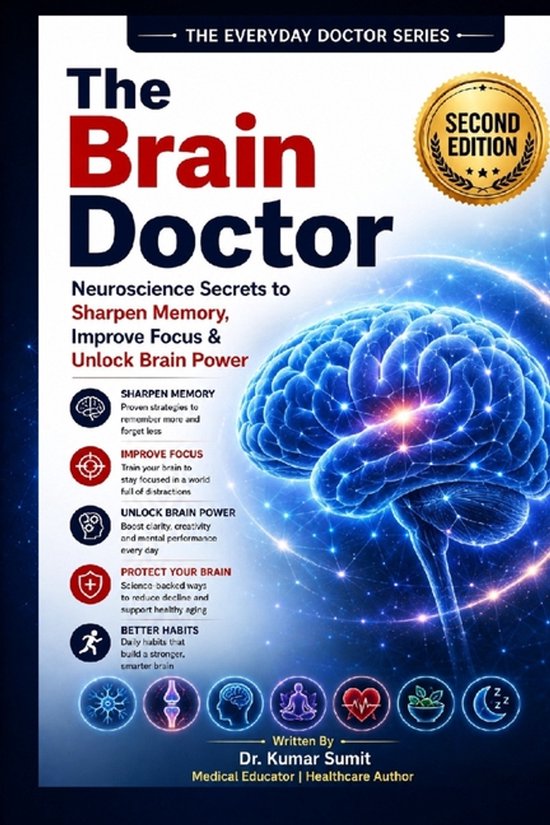 Boek "The Brain Doctor": Neuroscience Secrets to Sharpen Memory, Improve Focus & Unlock Brain Power, met illustratie van een gloeiend brein.