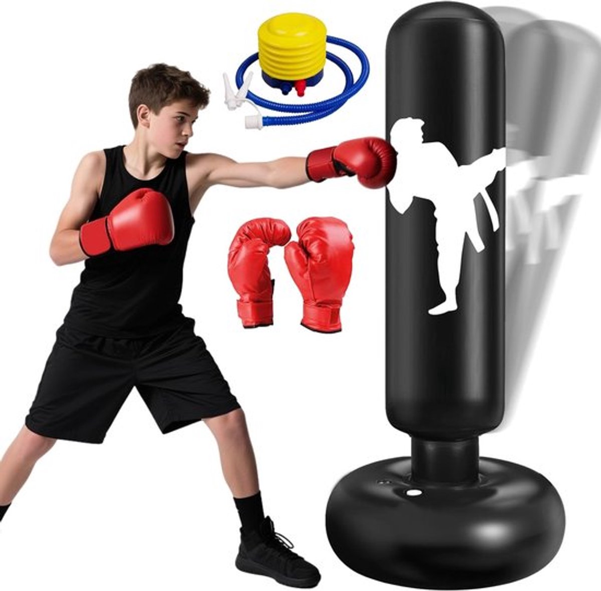 160 cm Kinderen Bokszak met Handschoenen en Pomp, Perfect voor Karate, Kickboksen en Thuistraining