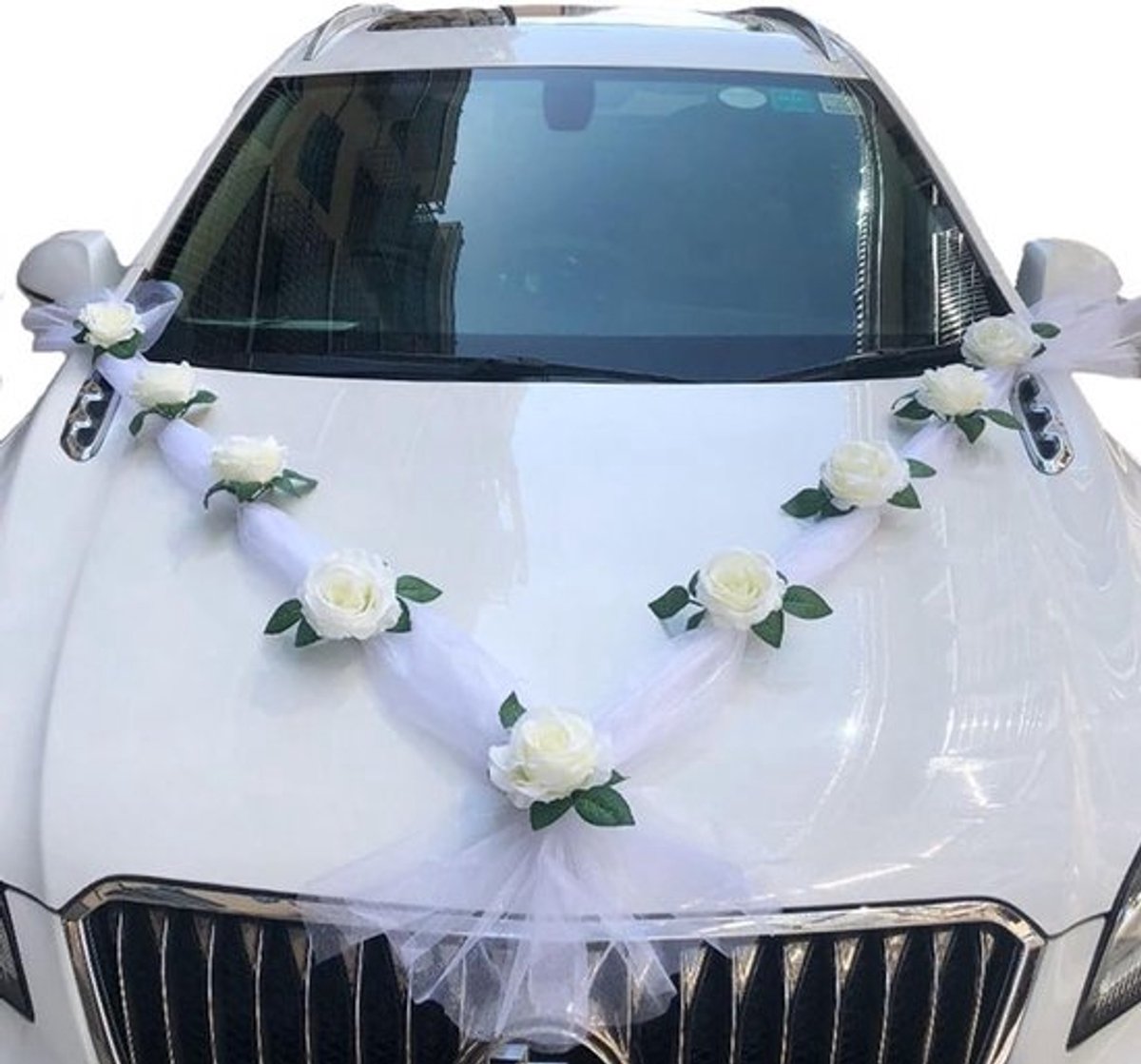 Bruiloft Autoversiering met Tule en Rozen - Romantische Decoratie voor Bruidspaar en Feestelijke Gelegenheden zoals Valentijnsdag en Bruiloften