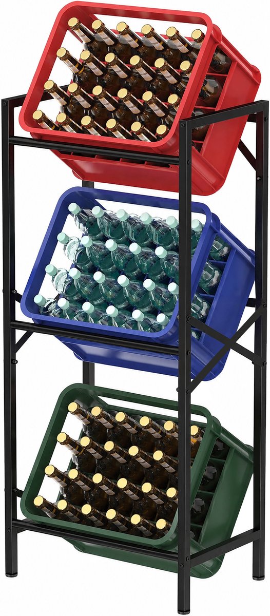 MAZAZU Drankenrek voor 3 Kratten – 49x32x108 cm – Smal Metalen Krattenrek – Schuine Krattenhouder voor Bierkratten & Waterkratten – Ruimtebesparend – Zwart