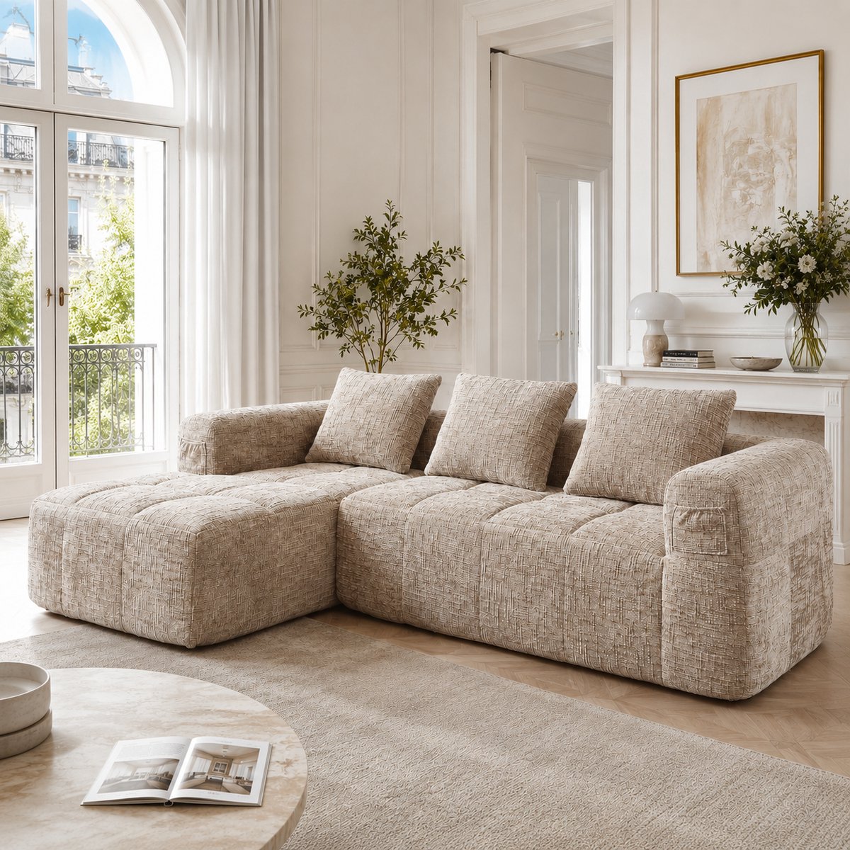 3-zitsbank - Moderne Hoekbank - L-vormige Bank - geen Montage Nodig - Chenille Bank met Chaise Longue en Armleuningen - 3 Kussens - Zijvak voor Afstandsbediening - khaki