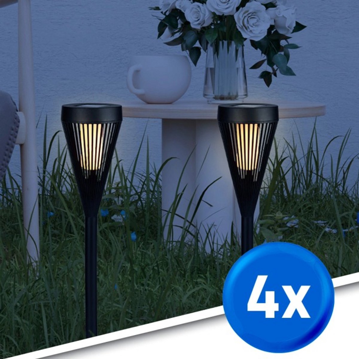 Solar tuinverlichting priklamp 'Norah' - Set van 4 stuks - Met vlameffect - Extra warm wit licht (1900K) - 12 lumen - Fakkellamp - Zwart
