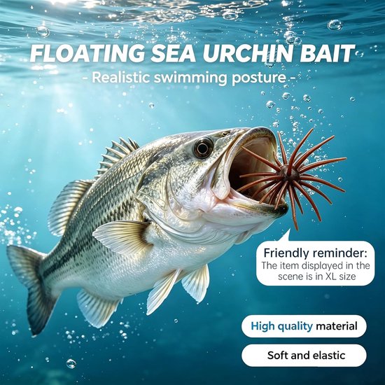 Set van 6 softbaits in zee-egelstijl voor zeebaars; verkrijgbaar in diverse formaten en unieke vormen, voorzien van levensechte, flexibele tentakels en een kenmerkende textuur - geschikt voor het vissen op zeebaars in zowel zoet als zout water. — afbeelding 4