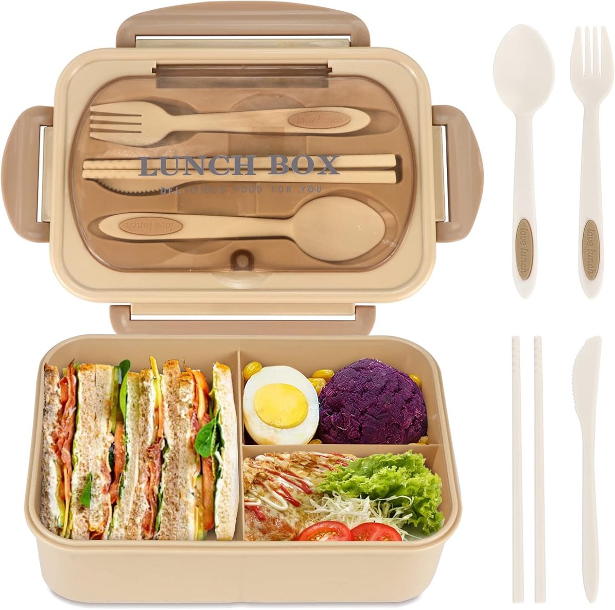 Lunchbox Volwassenen 1200 ml – Bento Box met 3 Vakken – Lekvrije Broodtrommel – Inclusief Bestek – BPA-vrij – Magnetron & Vaatwasser Geschikt – Kaki