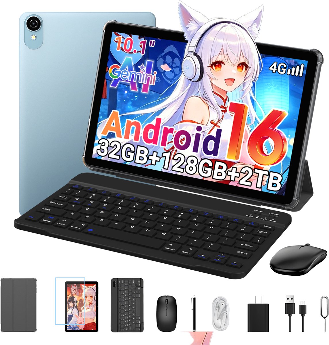 ExcitPower W80 Tablet - 32GB RAM - 128GB ROM - 6000mAh - Met Toetsenbord - Hoes - Stylus - Muis - Gemini AI - Blauw