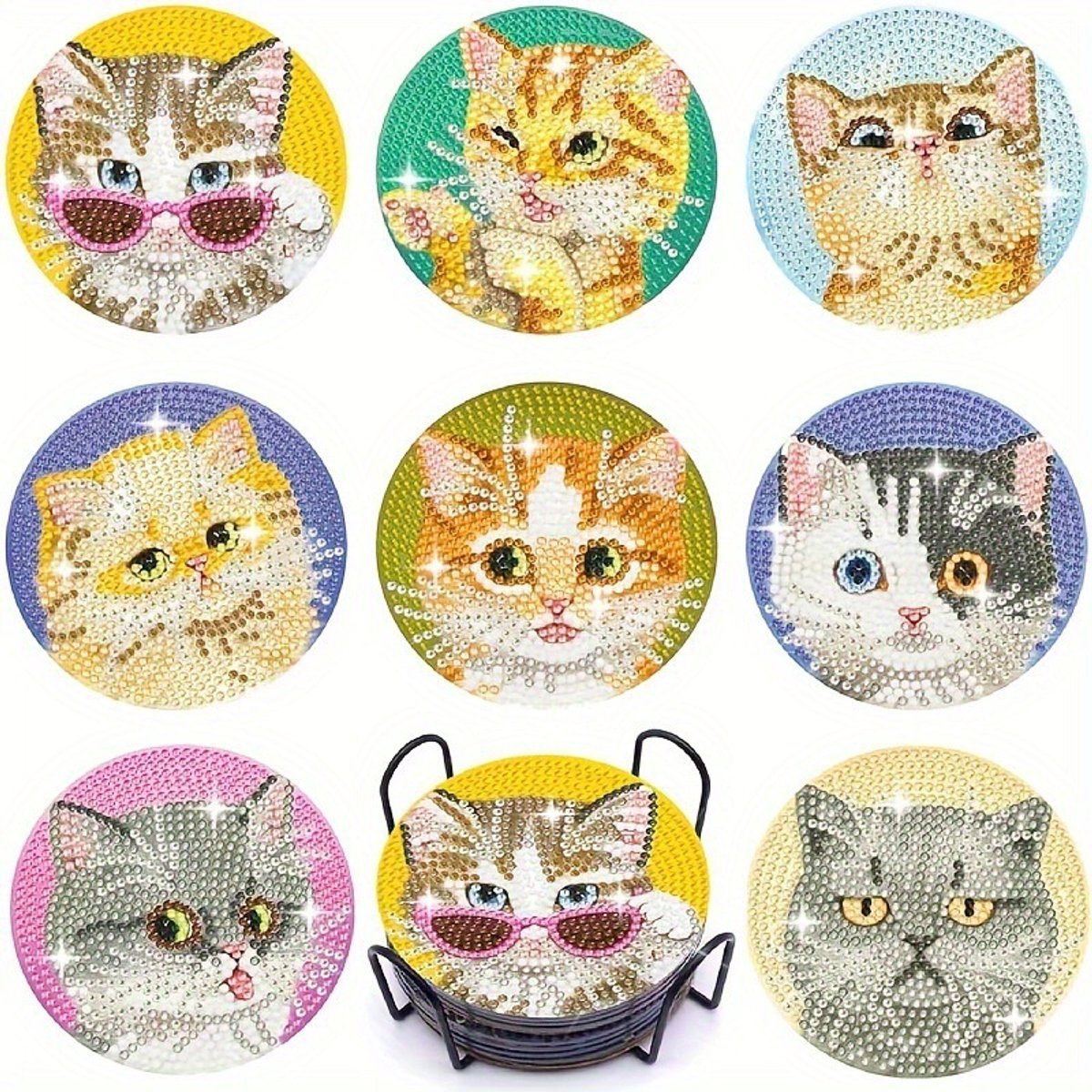 Set van 8 ronde onderzetters met ruitpatroon, antislip onderzetters met kattenthema en standaard, doe-het-zelf ruitvormige onderzetters, geschikt voor volwassenen en beginners, woondecoratie, auto-onderzetters.