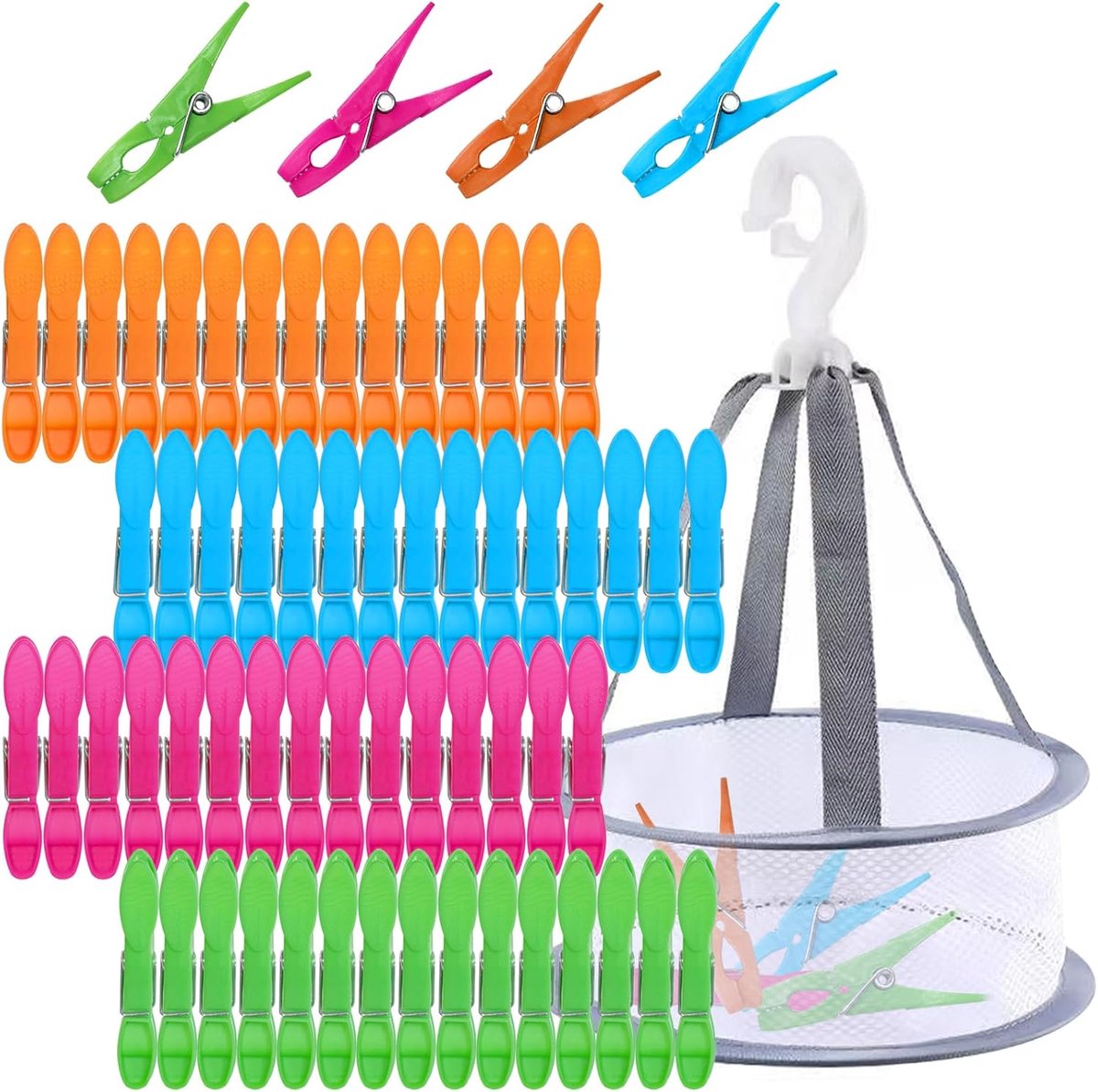 60 Clothes Pegs with Basket – Colourful Windproof Clips Without Footprint, Plastic Basket for Clothespins for - ShopVlot
