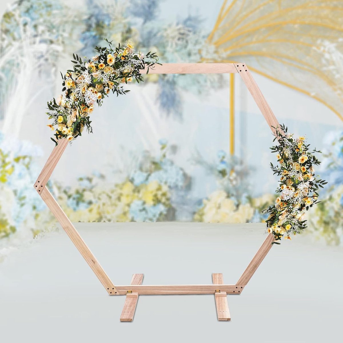 233 x 225 cm, Elegant Wooden Wedding Arch with Base, Hexagonal Wooden Background, Balloon Arch, Stand for Garden - ShopVlot