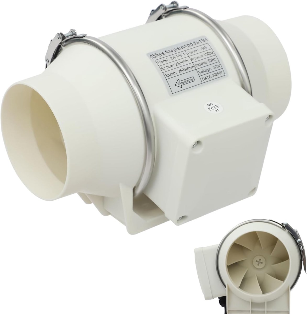 Pipe Fan, 100 mm, Drain Fan, Tube Fan, 220 m³/h, Smoke Exhaust Fan, 150 Pa, Inline Drain Fan, 220 V, Greenhouse Fan - ShopVlot