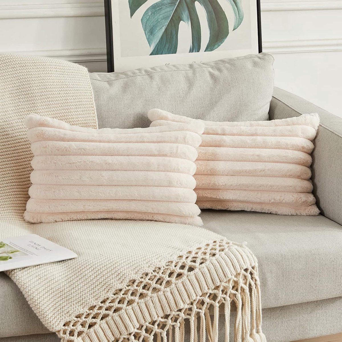 Pack of 2 Double Sided Faux Fur Plush Decorative Throw Pillow Covers Fluffy Striped Soft Pillowcases for Sofa Bedroom - ShopVlot
