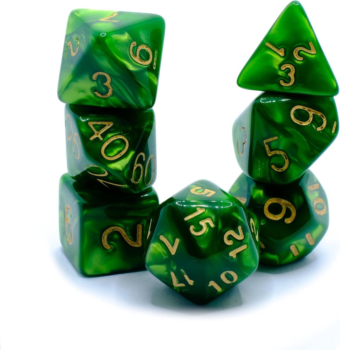 Gaia Stone - Polyset Dice - Polydice - Green Yellow Mother of Pearl Marble and Gold - Dice Set of 7 Pieces - ShopVlot