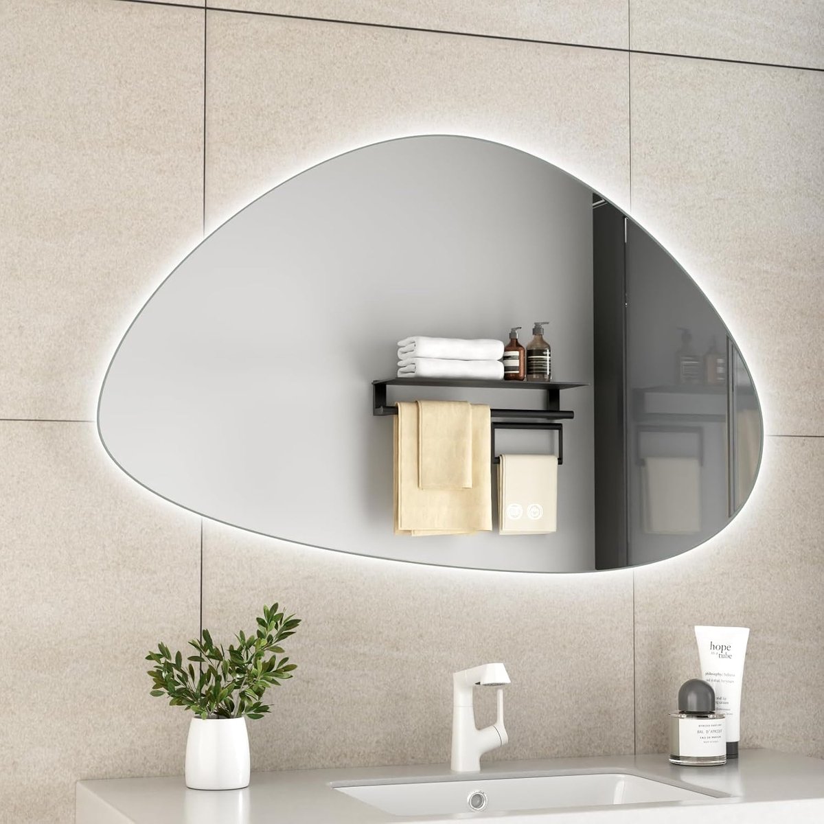 LED Mirror Anti-Fog Organic Design Asymmetric Bathroom Mirror with Touch Screen (W100 x H 60 cm) - ShopVlot