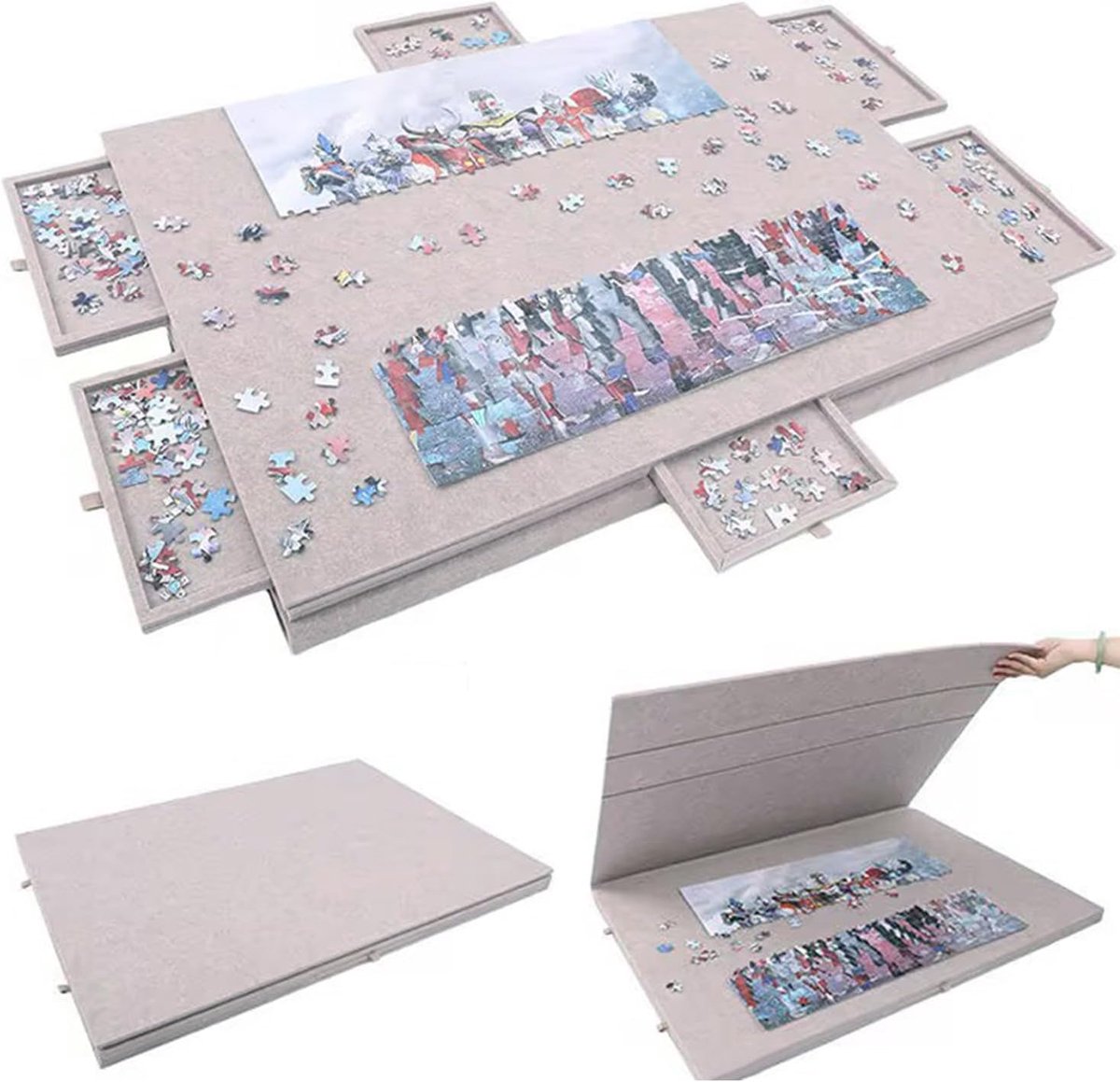 Puzzeltafel 1000 stukjes - puzzelstandaard - kantelbaar puzzelbord met standaard en deksel - 2-in-1 - met 6 classificatieladen - antislip oppervlak - opvouwbare afdekplaat (kaki)