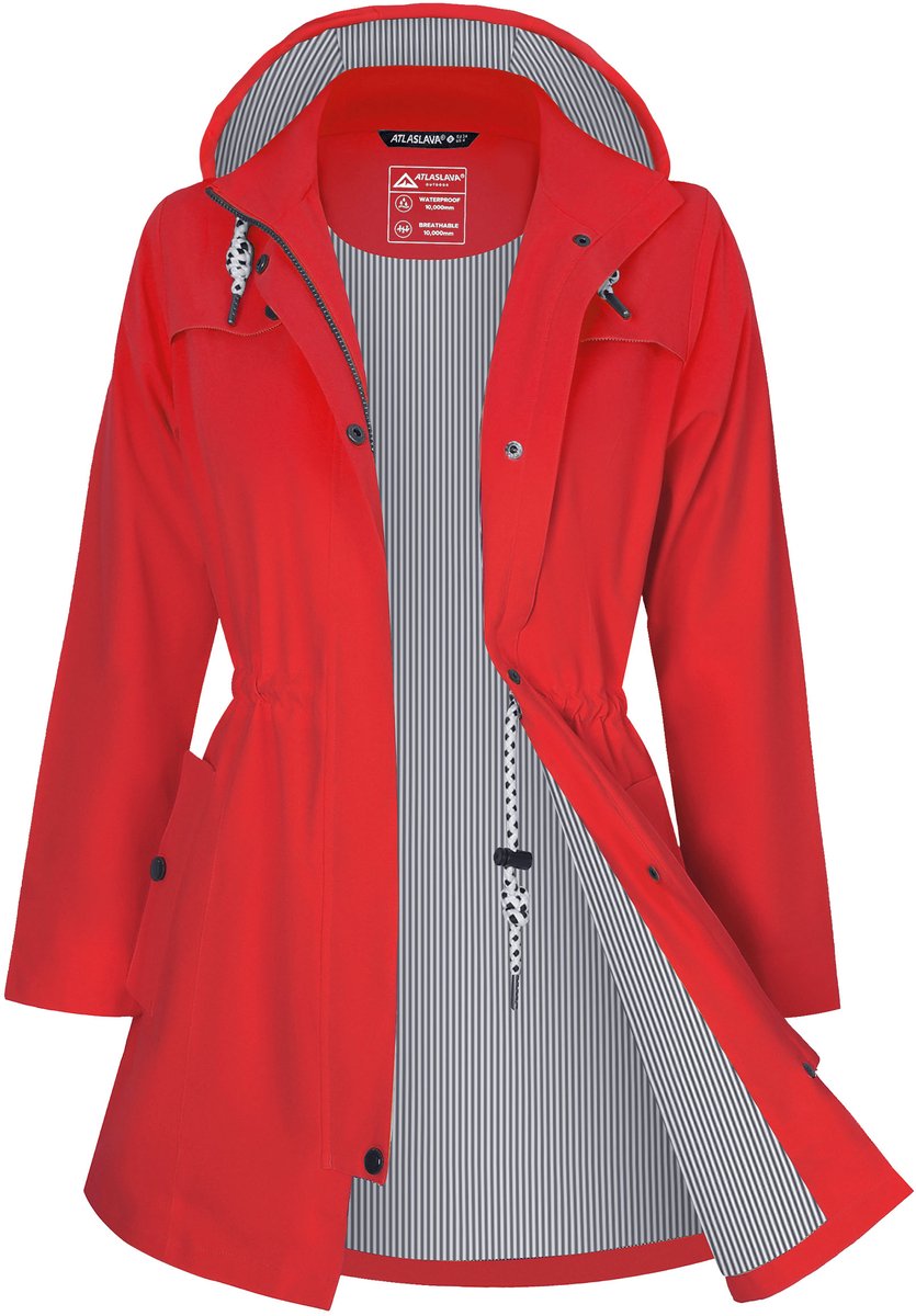 ATLASLAVA Regenjas Dames Lang Waterdicht Ademend Regenmantel Overgangsjas Capuchon Outdoor Jas,Maat S,Rood