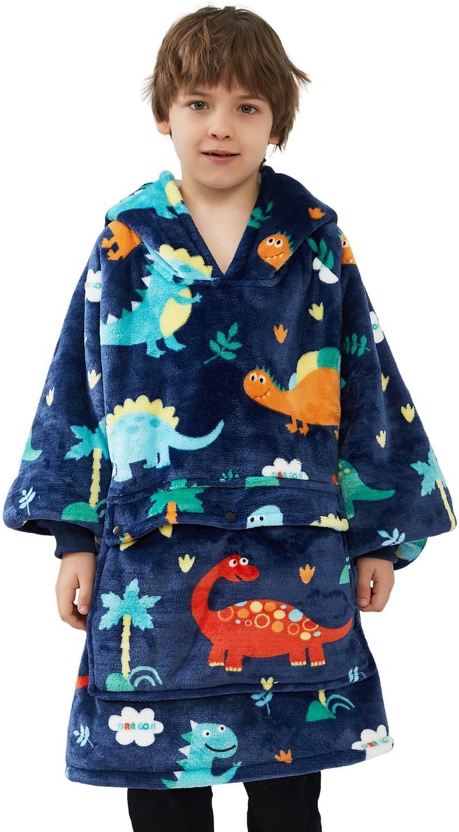 Casalora Hoodie Deken - Dino Deken met Mouwen - Fleece - Plaid - 75cm voos 6-10 Jaar