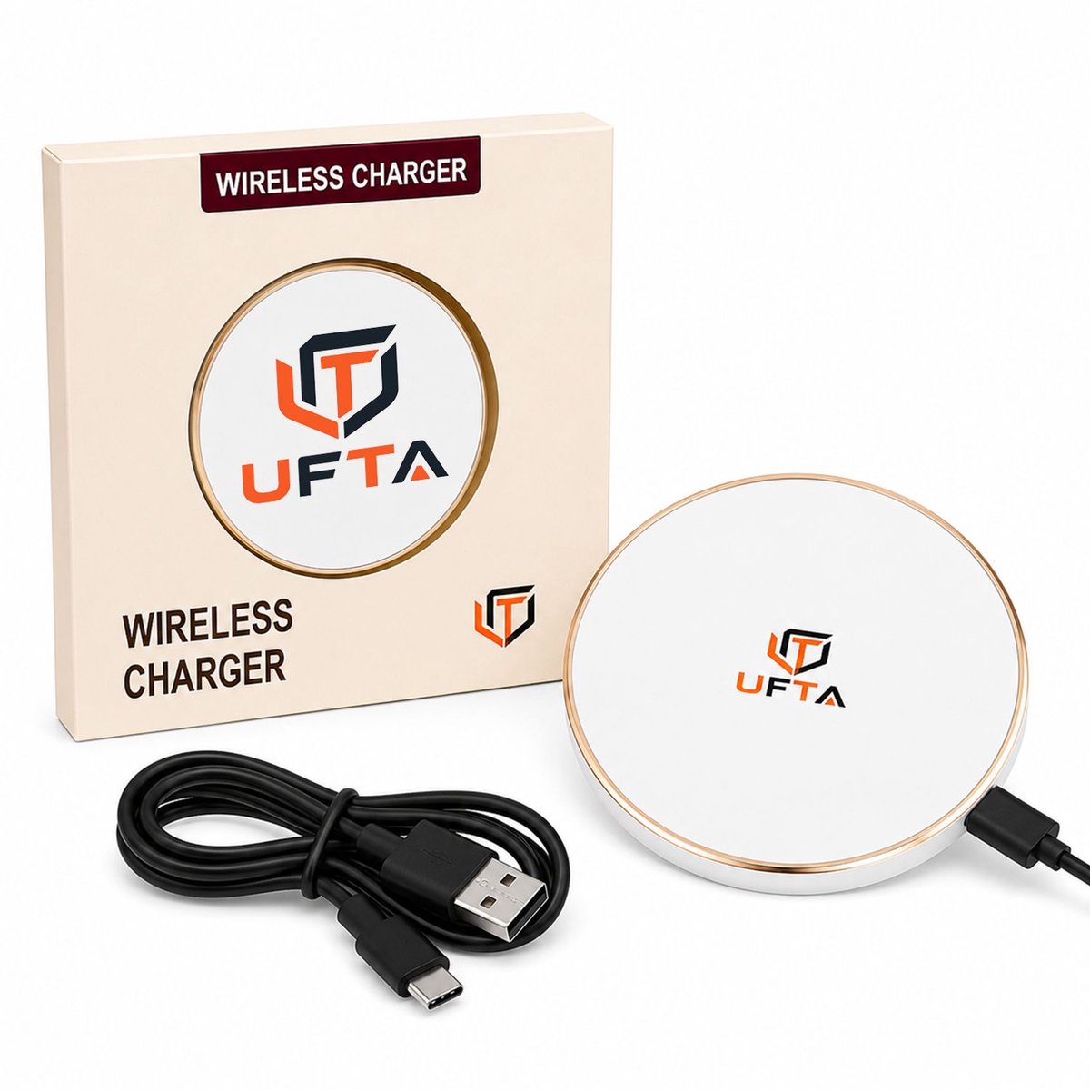 UFTA Draadloze Oplader 15W - Inclusief Kabel - Wireless Charger - Geschikt voor alle Draadloos Oplaadbare Smartphones - Wit & Goud