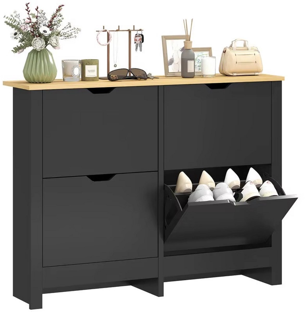JOYNEXTBUY - Schoenenkast 4 Kleppen – Schoenenopberger - 16 Paar Schoenen – Verstelbare Planken – Zwart/Naturel – Ruimtebesparend