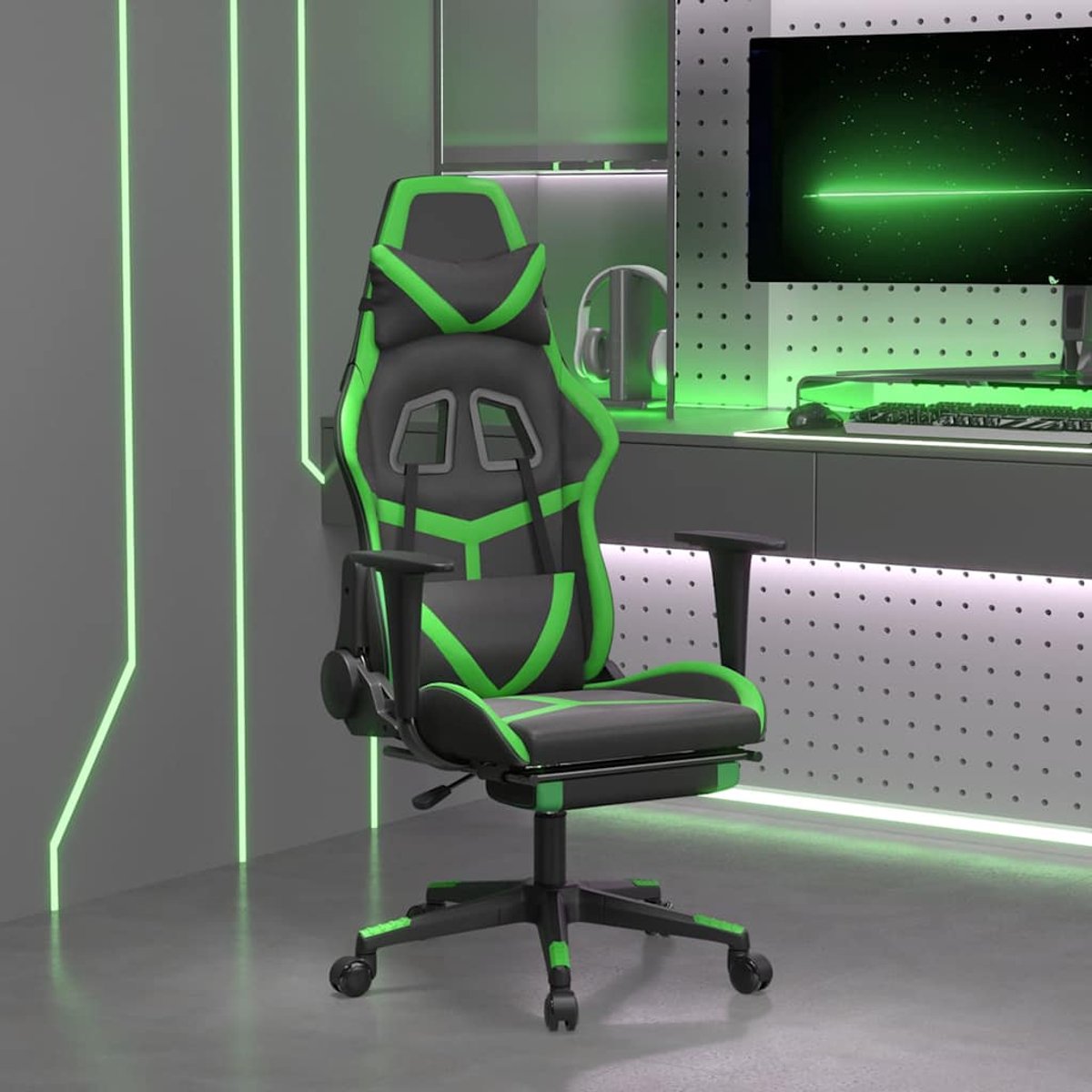 vidaXL Gamestoel - met - voetensteun - kunstleer - zwart - en - groen Zwart en groen