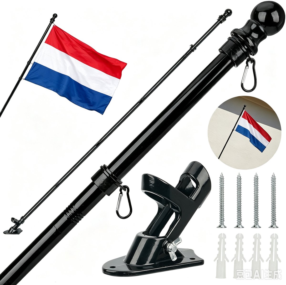 Vlaggenmast standaard Van 1,8 m - Stevig Metaal Gemakkelijk Op Te Bergen - Snelle Montage Geen Knopen - Voor Alle Soorten Vlaggen - Binnen/Buiten - Zwart