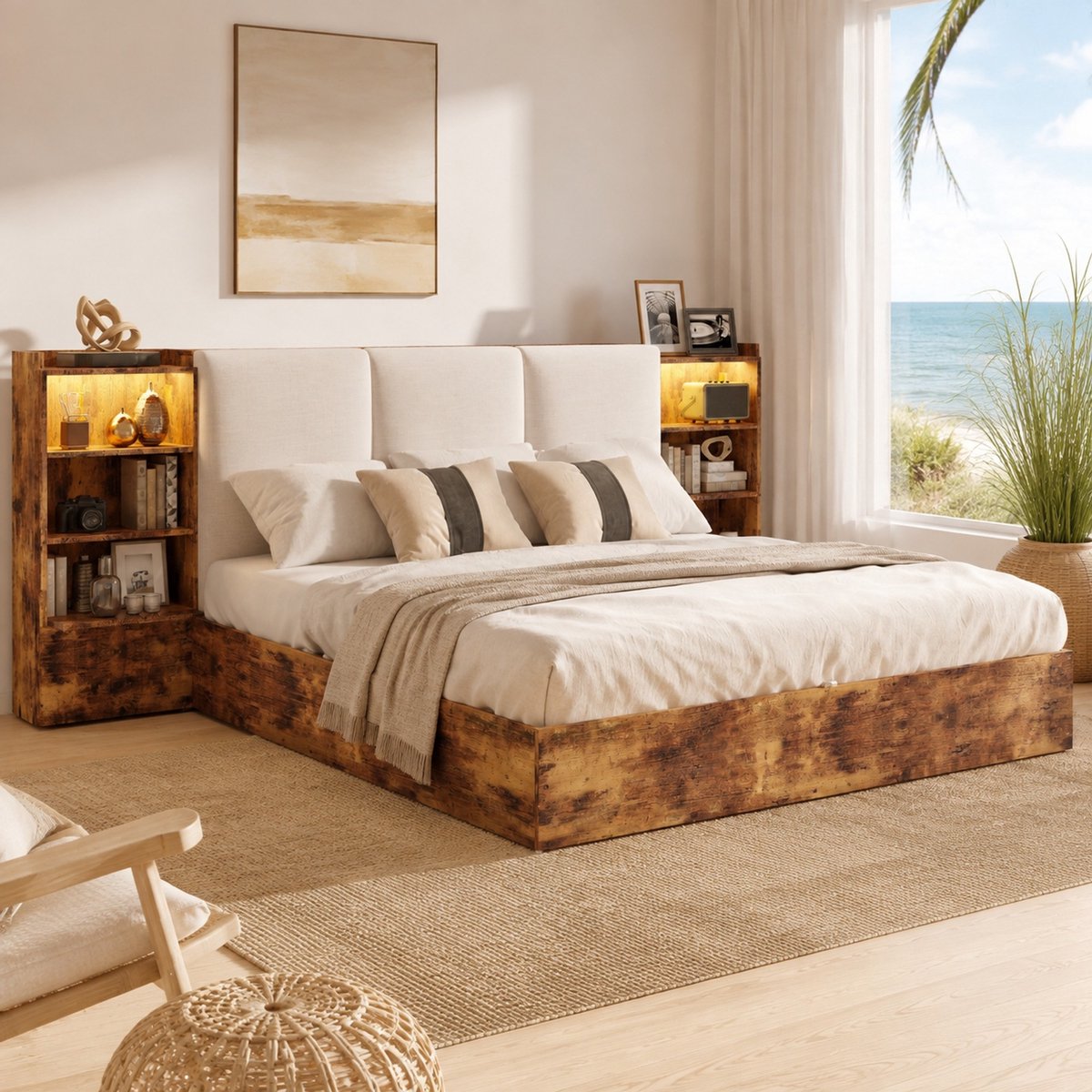 DESMIU Bed 180x200cm - Bedframe Met Opbergruimte en Led Verlichting - Gevoerd Hoofdeinde - Voor Volwassenen - Hout En Stof - Bruin - Zonder Matras