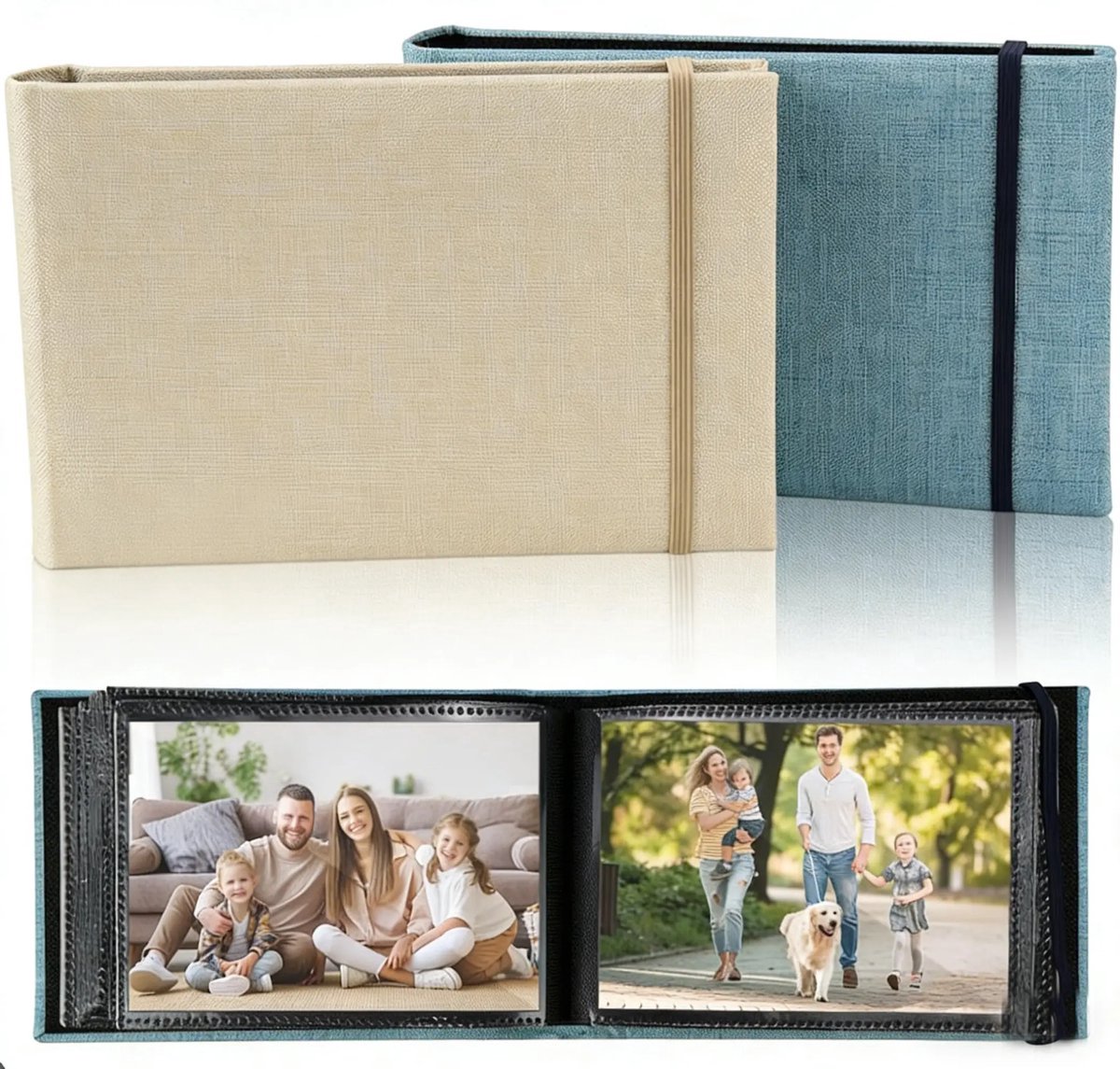 Insteekfotoalbum - 15 cm album - Album met twee pagina's - Geschikt voor maximaal 100 foto's - Compact formaat - Met folieverdelers - Ansichtkaartenhouder - Beige/Blauw