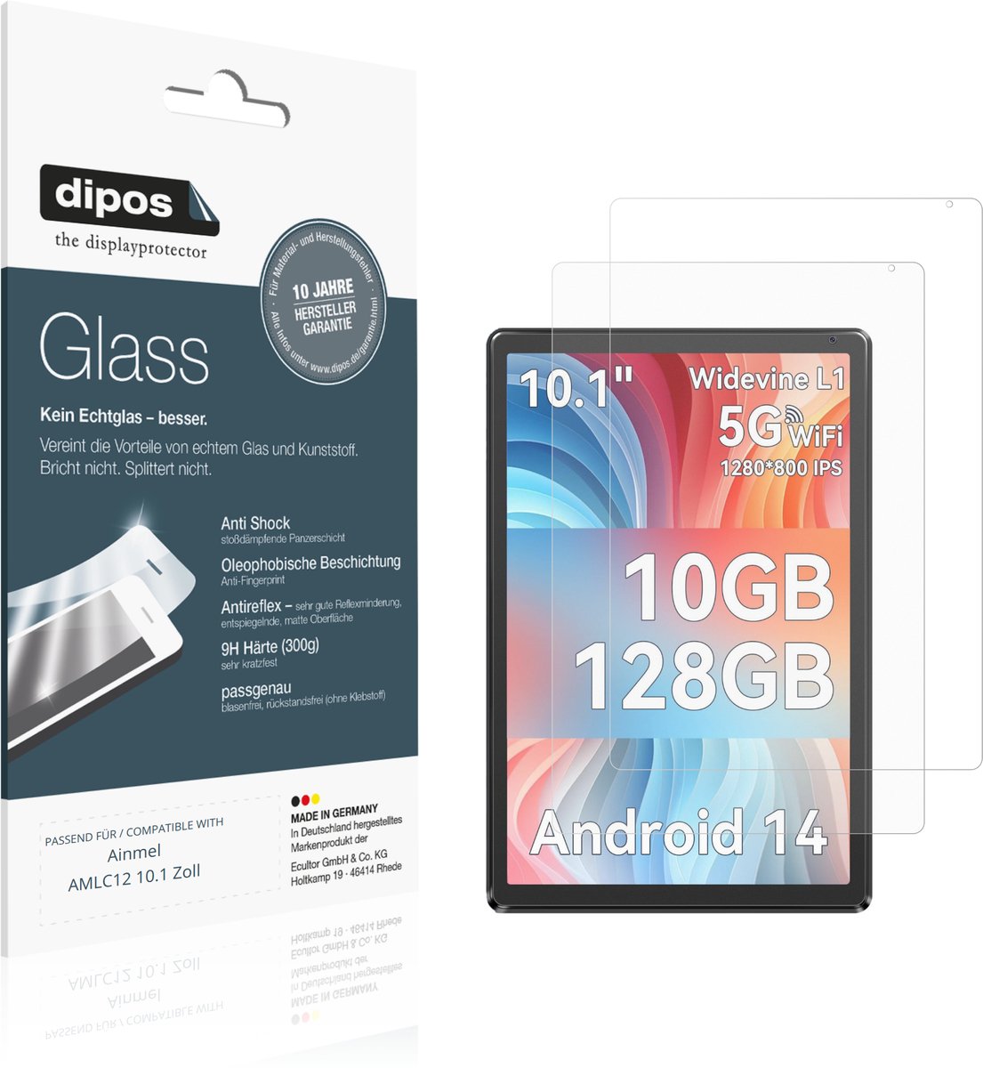 dipos – 2x Matte Pantserfolie geschikt voor Ainmel AMLC12 10.1 Zoll | 9H Screenprotector
