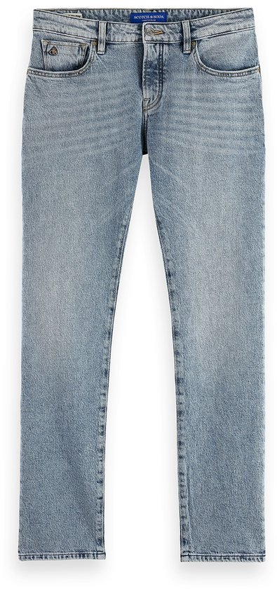 Lichtblauwe regular slim jeans met knoopsluiting en lichte wassing.