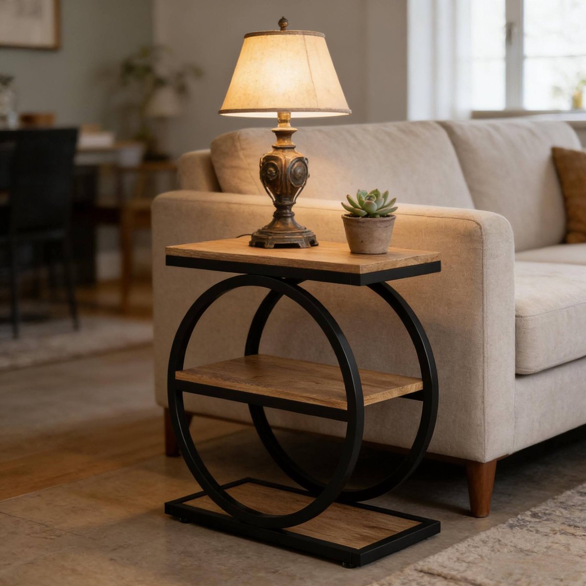 FloraGrace Sidetable - Industrieel 3 Niveaus Opbergrek - Voor Woonkamer Slaapkamer Of Hal - MDF En Metaal - 60x30x65 Cm - Zwart Bruin