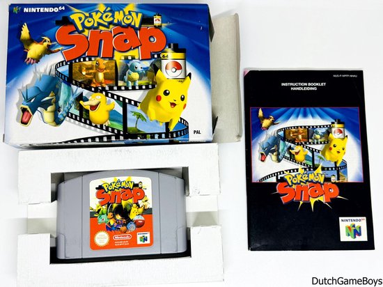 De Pokémon Snap Nintendo 64 game, inclusief doos, spelcartridge en handleiding, op een witte achtergrond.