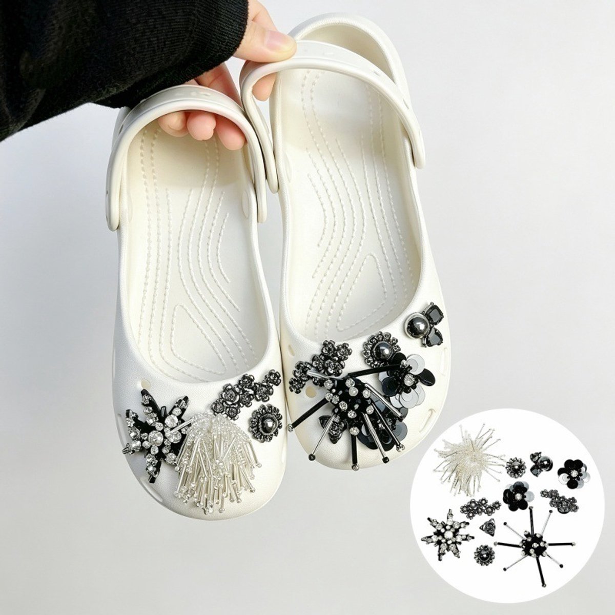 Schoenaccessoires-geschikt voor crocs charms- geschikt voor crocs pins- geschikt voor crocs Accessoires- geschikt voor Crocs Jibbitz-CJ-357 Zwarte en zilveren glitterkwast