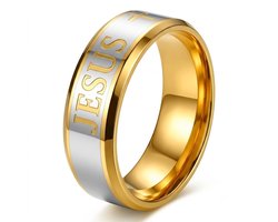 Goudkleurig ring heren trouwring met religieuze gravure brede ring kruis en JESUS tekst roestvrijstalen look klassiek design maat 9