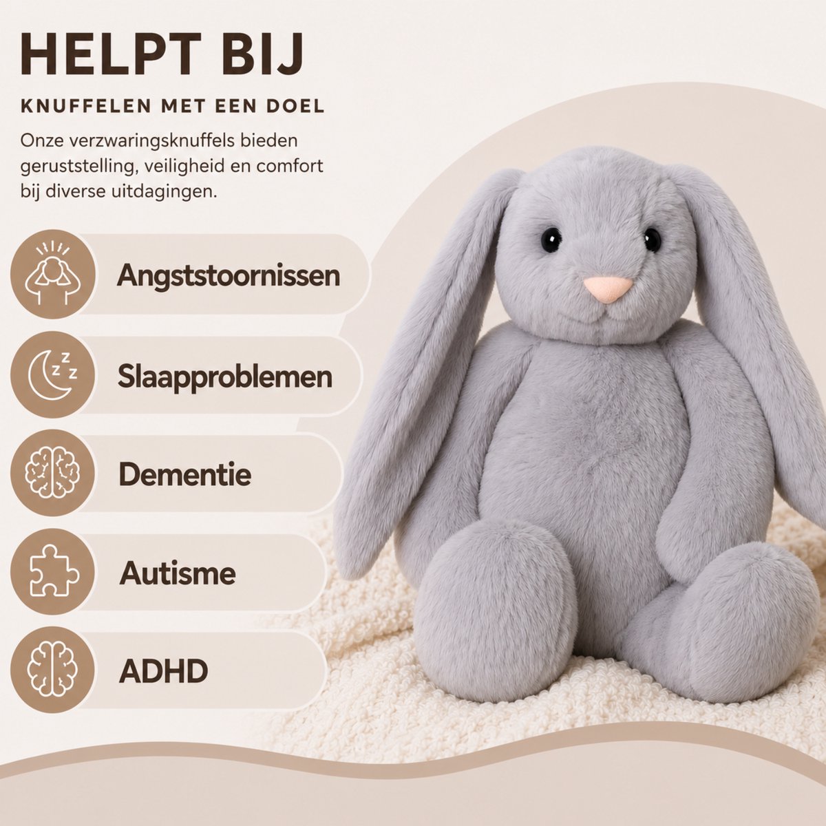 Verzwaringsknuffel 2Kg - Verzwaarde Knuffel - Knuffie Konijn - Weighted Stuffed Animal - Sensorisch Speelgoed - Voor Kinderen En Volwassenen - Met Canvas Opbergtas — afbeelding 2