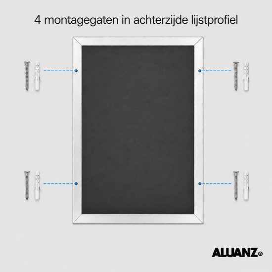 Zwarte achterkant van een aluminium A4 lijst met 4 schroeven en pluggen voor montage.