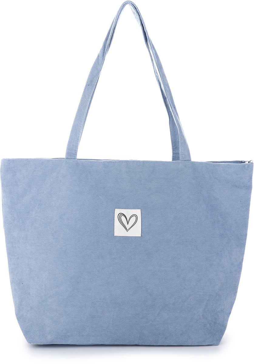 Corduroy Shopper - Ribbelstof Schoudertas met Hartje - Dames - 50x36 cm - Light Blue