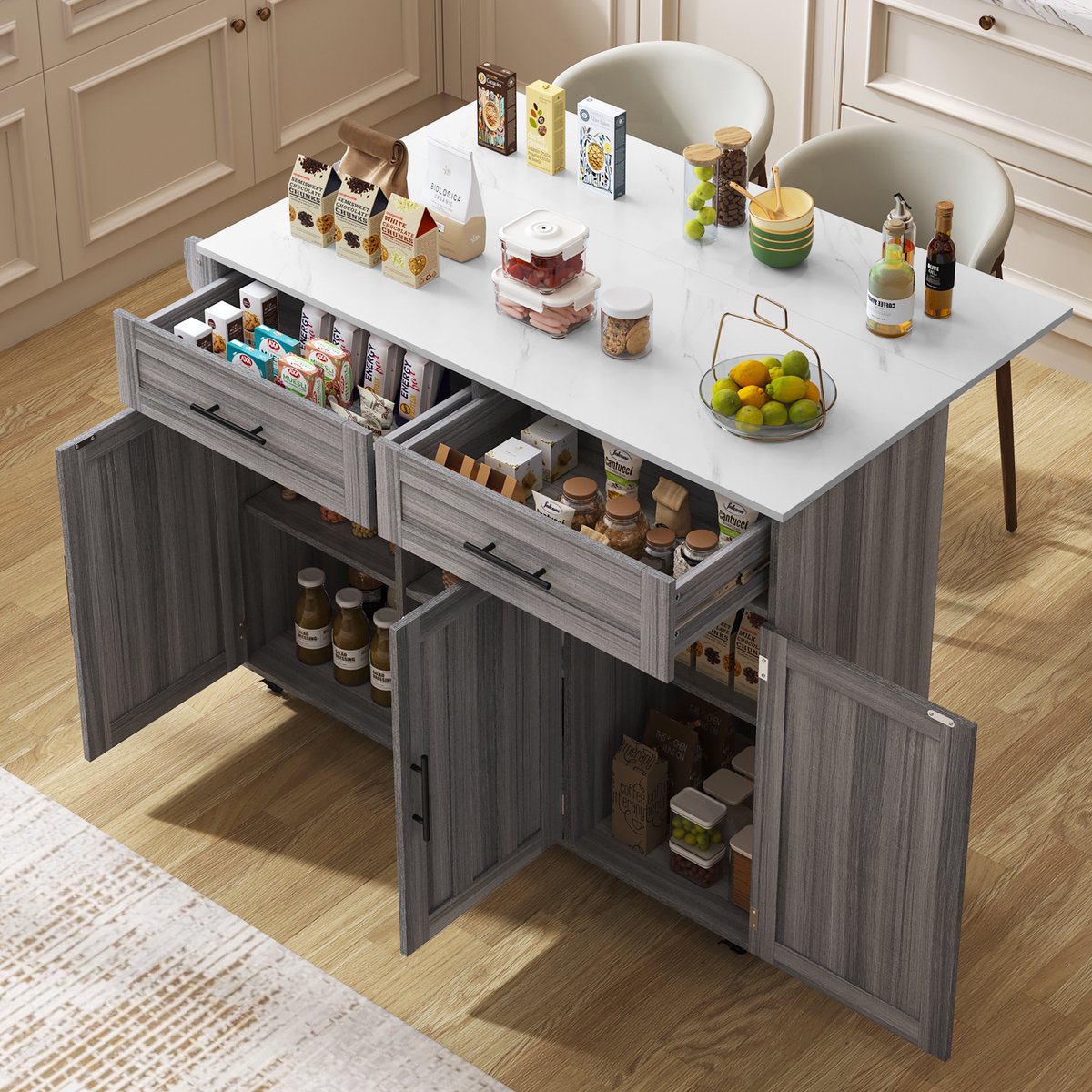 COVREO Keukenkast 129 x 46(71) x 91,5 cm - met klapblad, 2 lades, wielen, grijs en wit