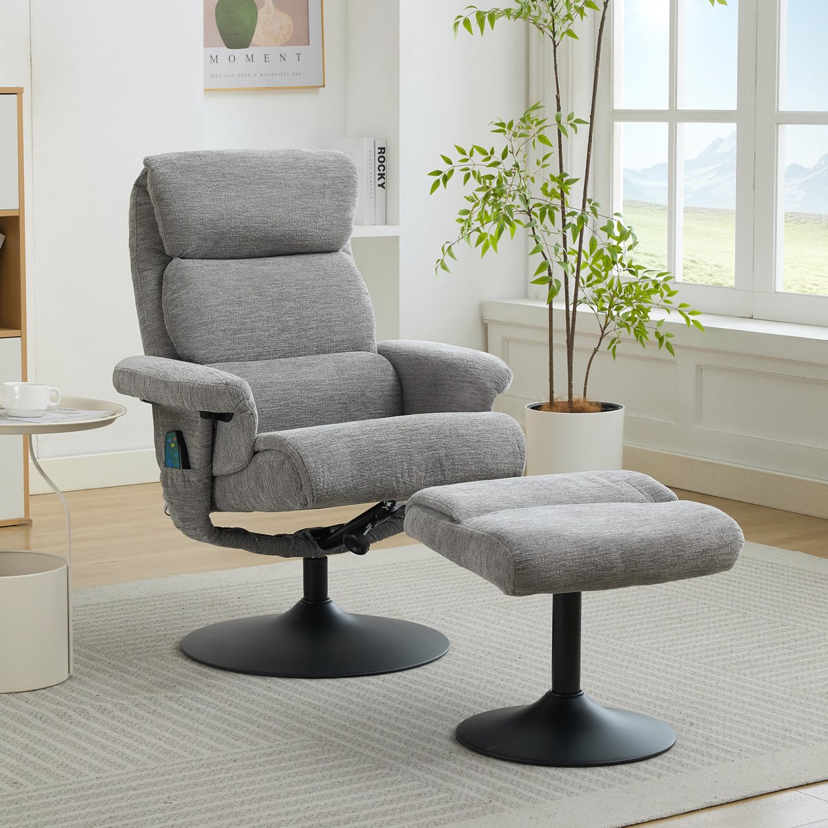 DESMIU Relaxfauteuil 77 X 75,5 X 100 Cm - 5-Punts Massage, Verwarming En 360 Graden Draaibaar - Voor Woonkamer En Slaapkamer - Chenille Grijs
