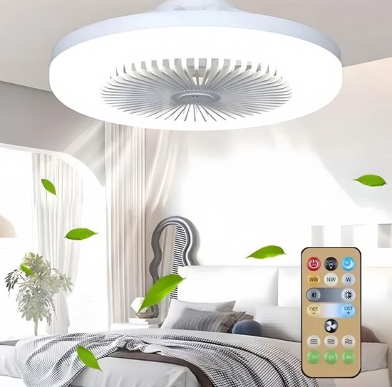 Witte plafondventilator met licht, zwevende groene bladeren, in een slaapkamer met afstandsbediening.