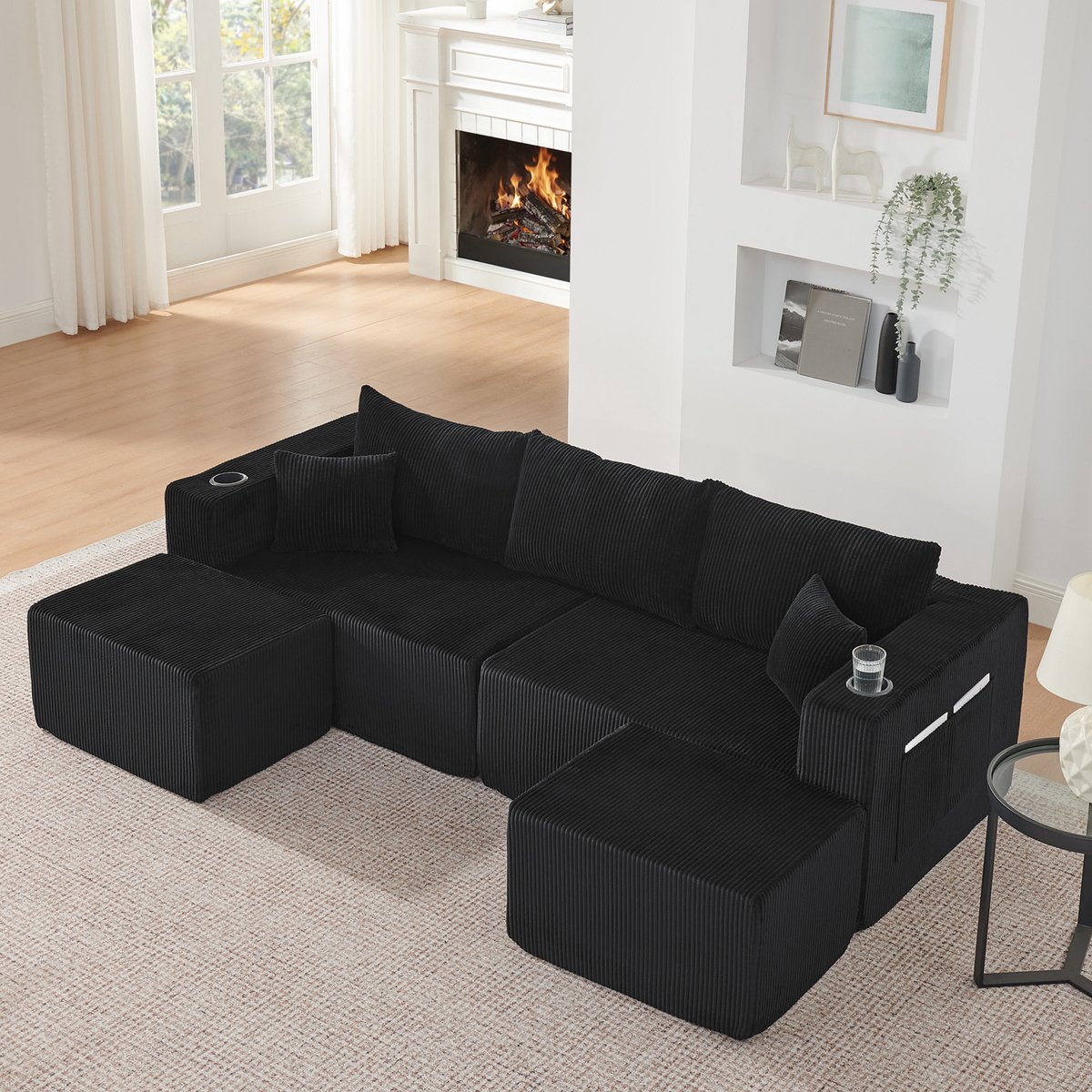 Moderne Hoekbank, U-Bank, 4-Zitsbank, Modulaire Hoekbank Met 3 Zitplaatsen, Compacte L-Vormige Bank Met Verplaatsbare Voetenbankjes, Zachte Corduroy Stof, Bekerhouder, Zijvak En Kussens, Geschikt Voor Woonkamers, Hotels En Huurappartementen,Zwart