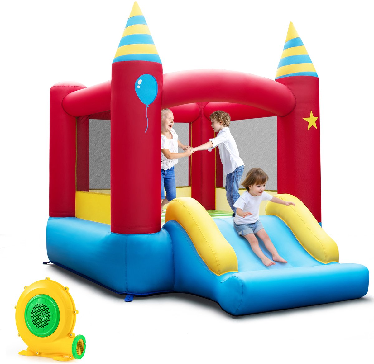 COSTWAY Springkasteel met 370 W ventilator, springslot voor kinderen, indoor outdoor speelkasteel met glijbaan, draagtas en reparatieset, 260 x 190 x 205 cm